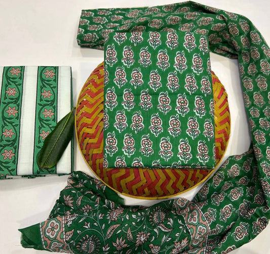 Hand Block Bagru and Sanganeri Printed Cotton 3PC Unstiched Suit With Cotton Dupatta