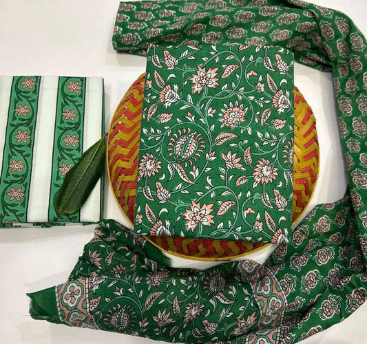 Hand Block Bagru and Sanganeri Printed Cotton 3PC Unstiched Suit With Cotton Dupatta