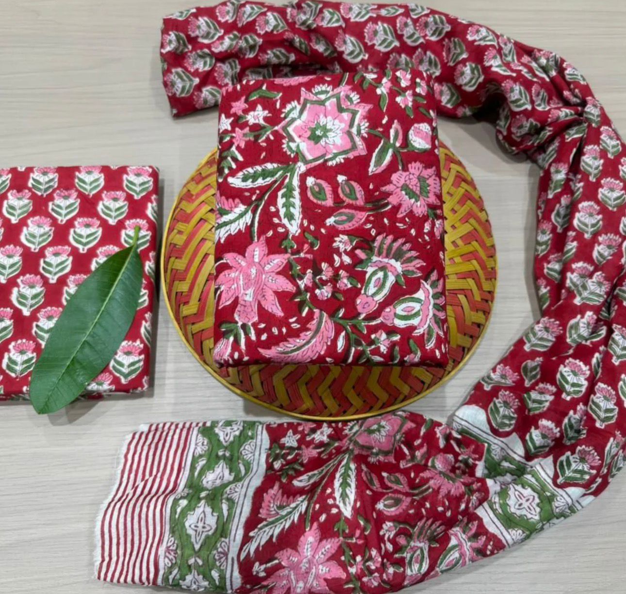 Hand Block Bagru and Sanganeri Printed Cotton 3PC Unstiched Suit With Cotton Dupatta