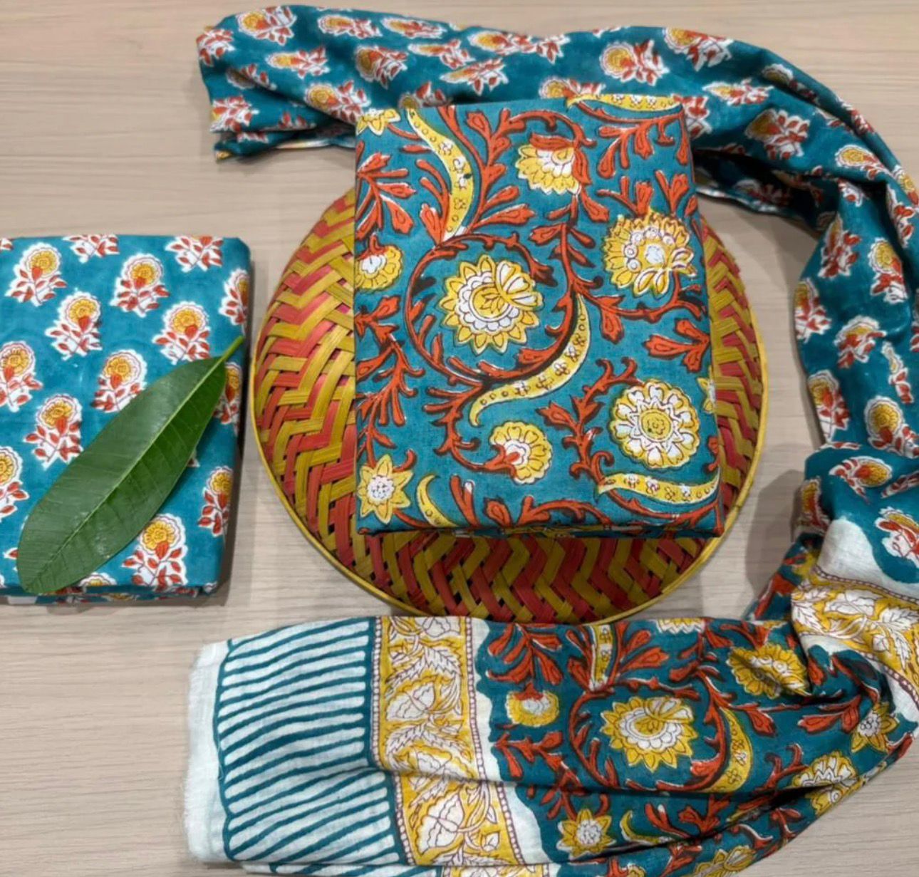 Hand Block Bagru and Sanganeri Printed Cotton 3PC Unstiched Suit With Cotton Dupatta