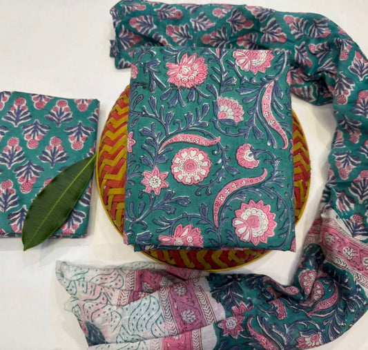 Hand Block Bagru and Sanganeri Printed Cotton 3PC Unstiched Suit With Cotton Dupatta