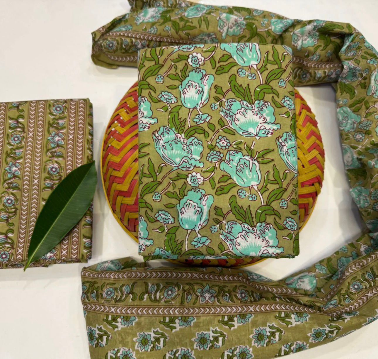 Hand Block Bagru and Sanganeri Printed Cotton 3PC Unstiched Suit With Cotton Dupatta