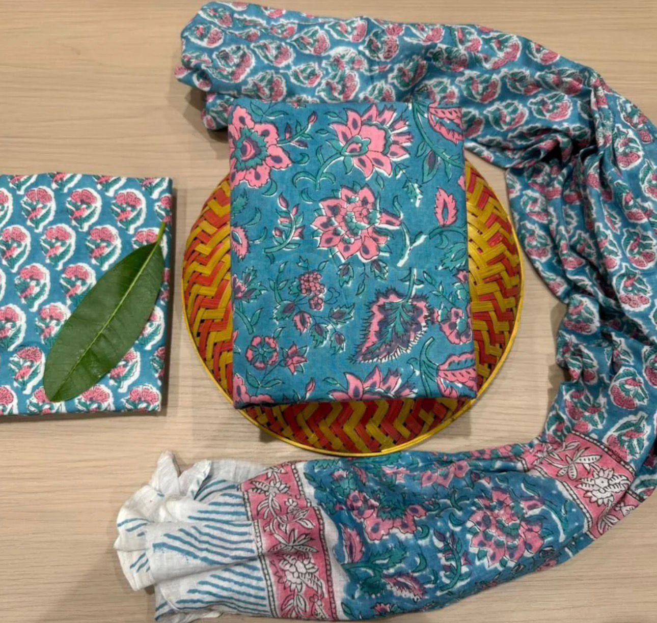 Hand Block Bagru and Sanganeri Printed Cotton 3PC Unstiched Suit With Cotton Dupatta