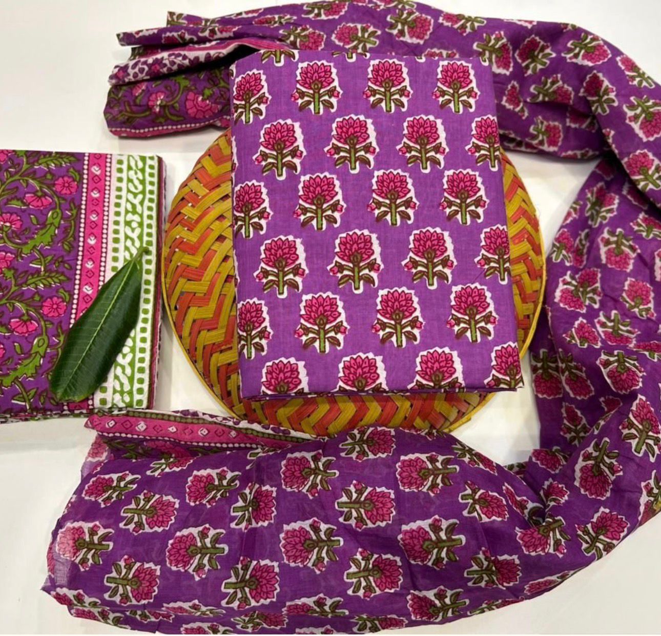 Hand Block Bagru and Sanganeri Printed Cotton 3PC Unstiched Suit With Cotton Dupatta