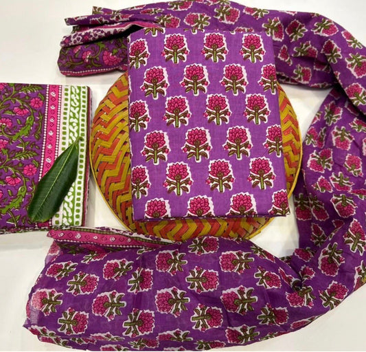 Hand Block Bagru and Sanganeri Printed Cotton 3PC Unstiched Suit With Cotton Dupatta