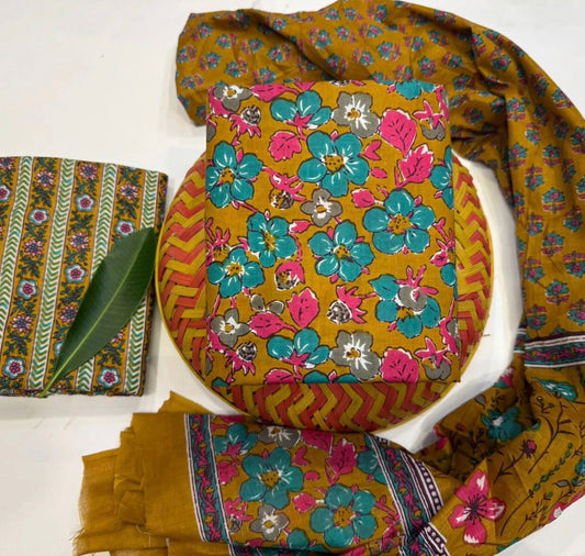 Hand Block Bagru and Sanganeri Printed Cotton 3PC Unstiched Suit With Cotton Dupatta
