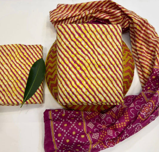 Hand Block Bagru and Sanganeri Printed Cotton 3PC Unstiched Suit With Cotton Dupatta