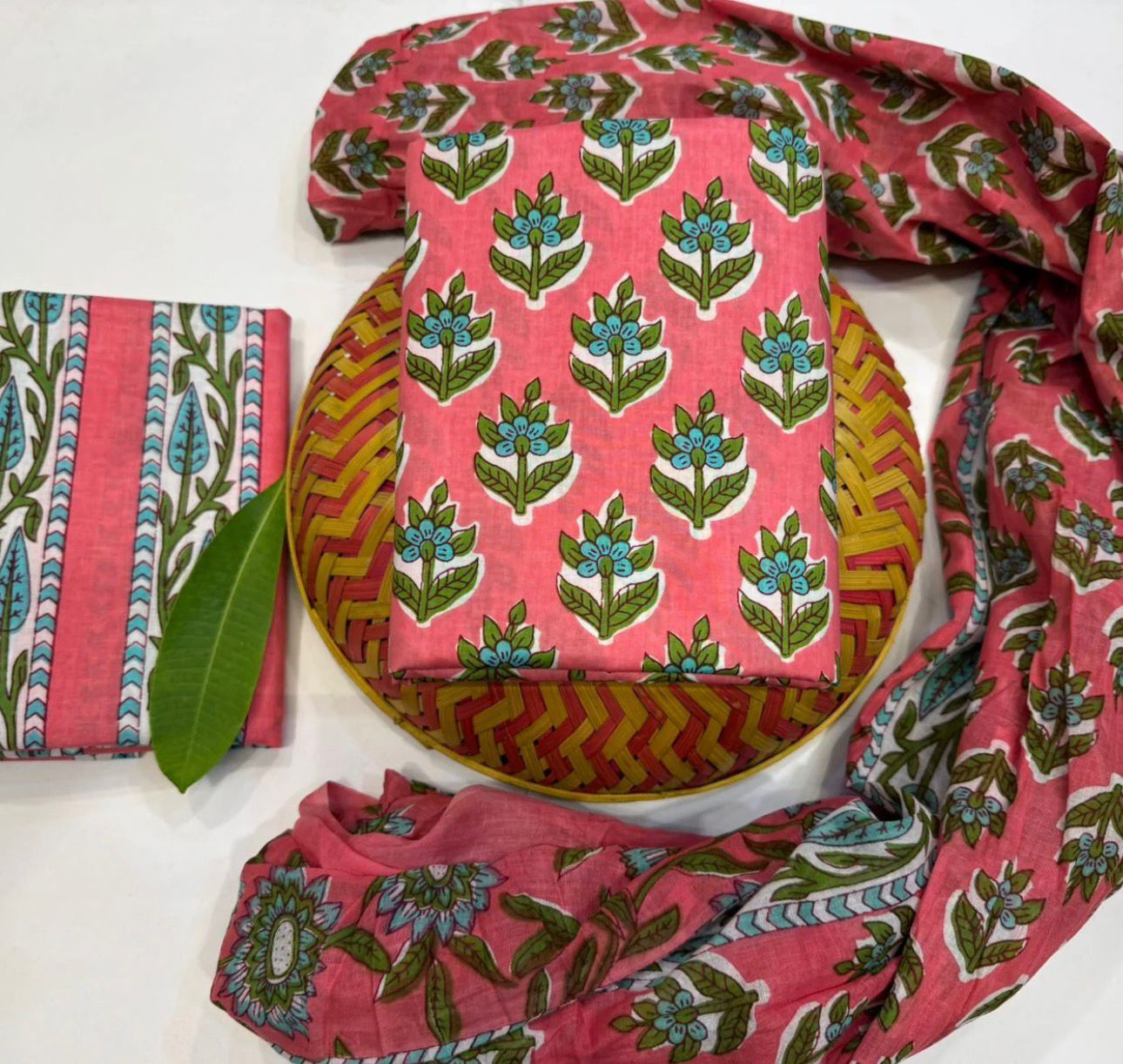 Hand Block Bagru and Sanganeri Printed Cotton 3PC Unstiched Suit With Cotton Dupatta