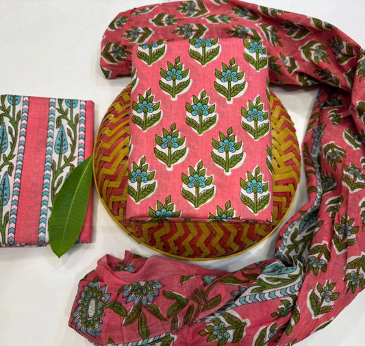 Hand Block Bagru and Sanganeri Printed Cotton 3PC Unstiched Suit With Cotton Dupatta