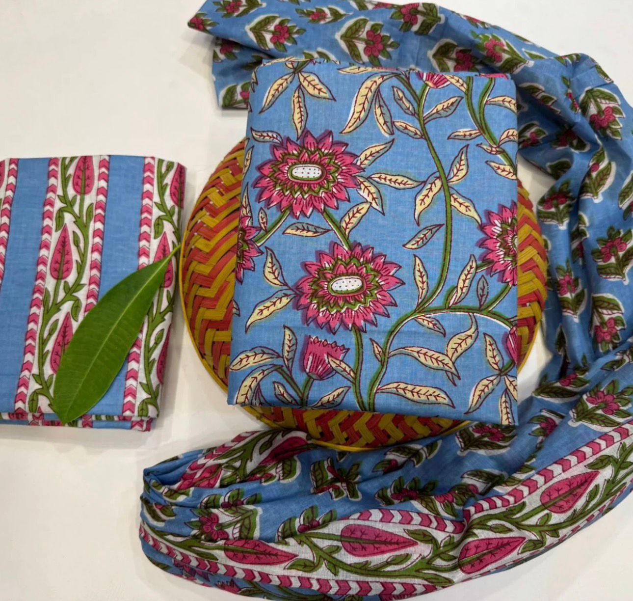 Hand Block Bagru and Sanganeri Printed Cotton 3PC Unstiched Suit With Cotton Dupatta