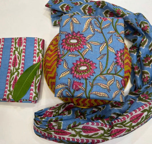 Hand Block Bagru and Sanganeri Printed Cotton 3PC Unstiched Suit With Cotton Dupatta