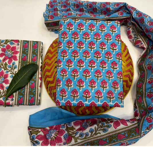 Hand Block Bagru and Sanganeri Printed Cotton 3PC Unstiched Suit With Cotton Dupatta