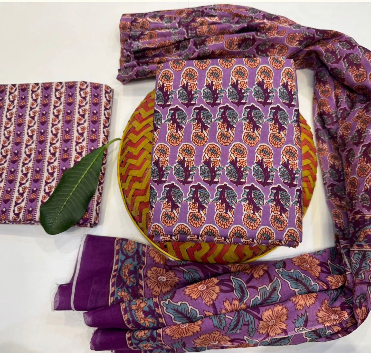 Hand Block Bagru and Sanganeri Printed Cotton 3PC Unstiched Suit With Cotton Dupatta