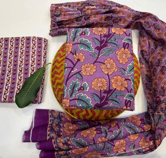 Hand Block Bagru and Sanganeri Printed Cotton 3PC Unstiched Suit With Cotton Dupatta