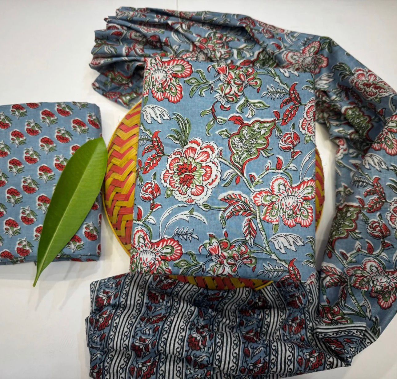 Hand Block Bagru and Sanganeri Printed Cotton 3PC Unstiched Suit With Cotton Dupatta