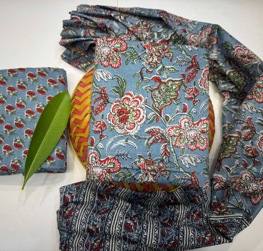 Hand Block Bagru and Sanganeri Printed Cotton 3PC Unstiched Suit With Cotton Dupatta