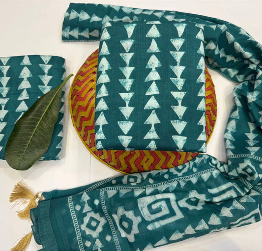 Hand Block Bagru and Sanganeri Printed Cotton 3PC Unstiched Suit With Cotton Dupatta