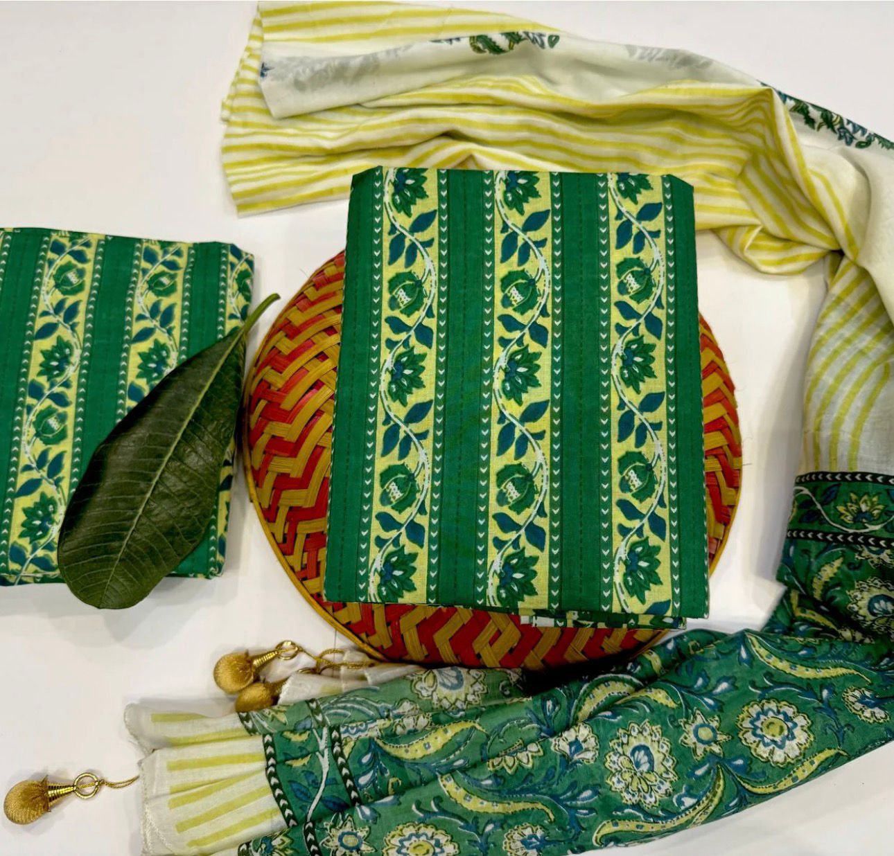 Hand Block Bagru and Sanganeri Printed Cotton 3PC Unstiched Suit With Cotton Dupatta