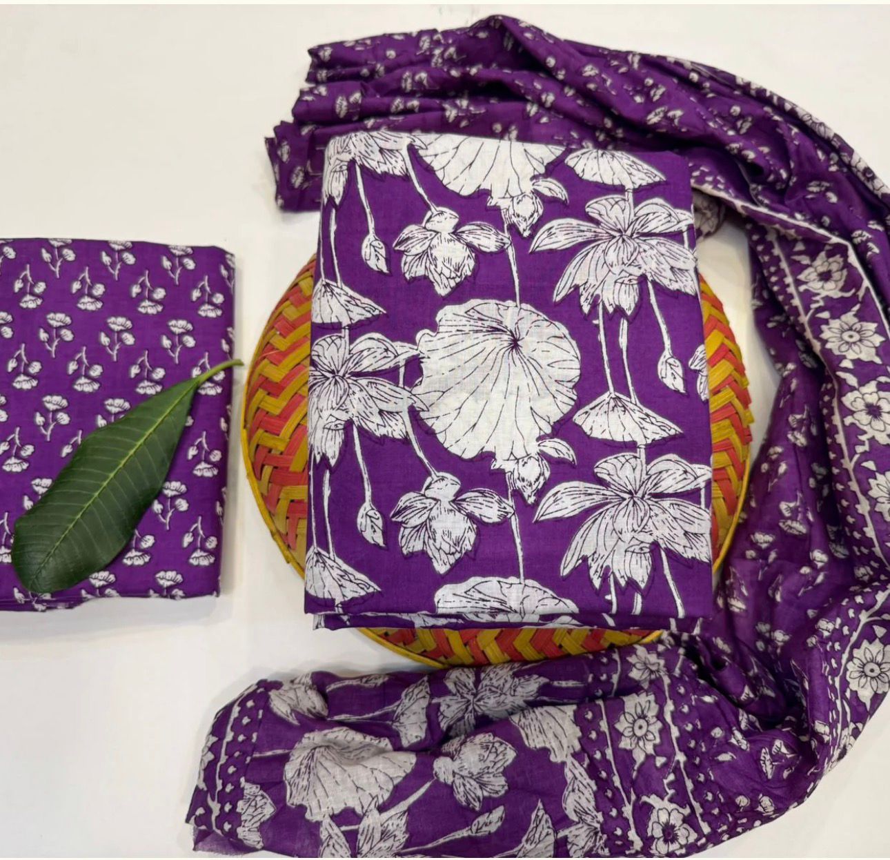 Hand Block Bagru and Sanganeri Printed Cotton 3PC Unstiched Suit With Cotton Dupatta