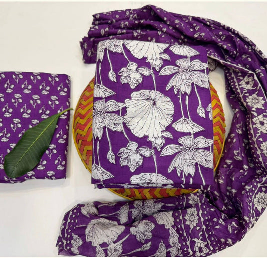 Hand Block Bagru and Sanganeri Printed Cotton 3PC Unstiched Suit With Cotton Dupatta