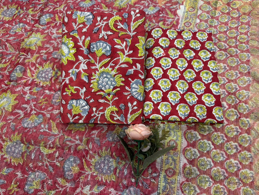 Hand Block Bagru and Sanganeri Printed Cotton 3PC Unstiched Suit With Kota Doriya Dupatta
