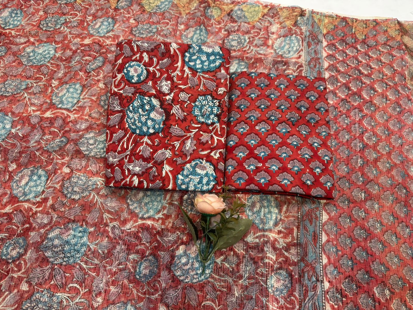Hand Block Bagru and Sanganeri Printed Cotton 3PC Unstiched Suit With Kota Doriya Dupatta