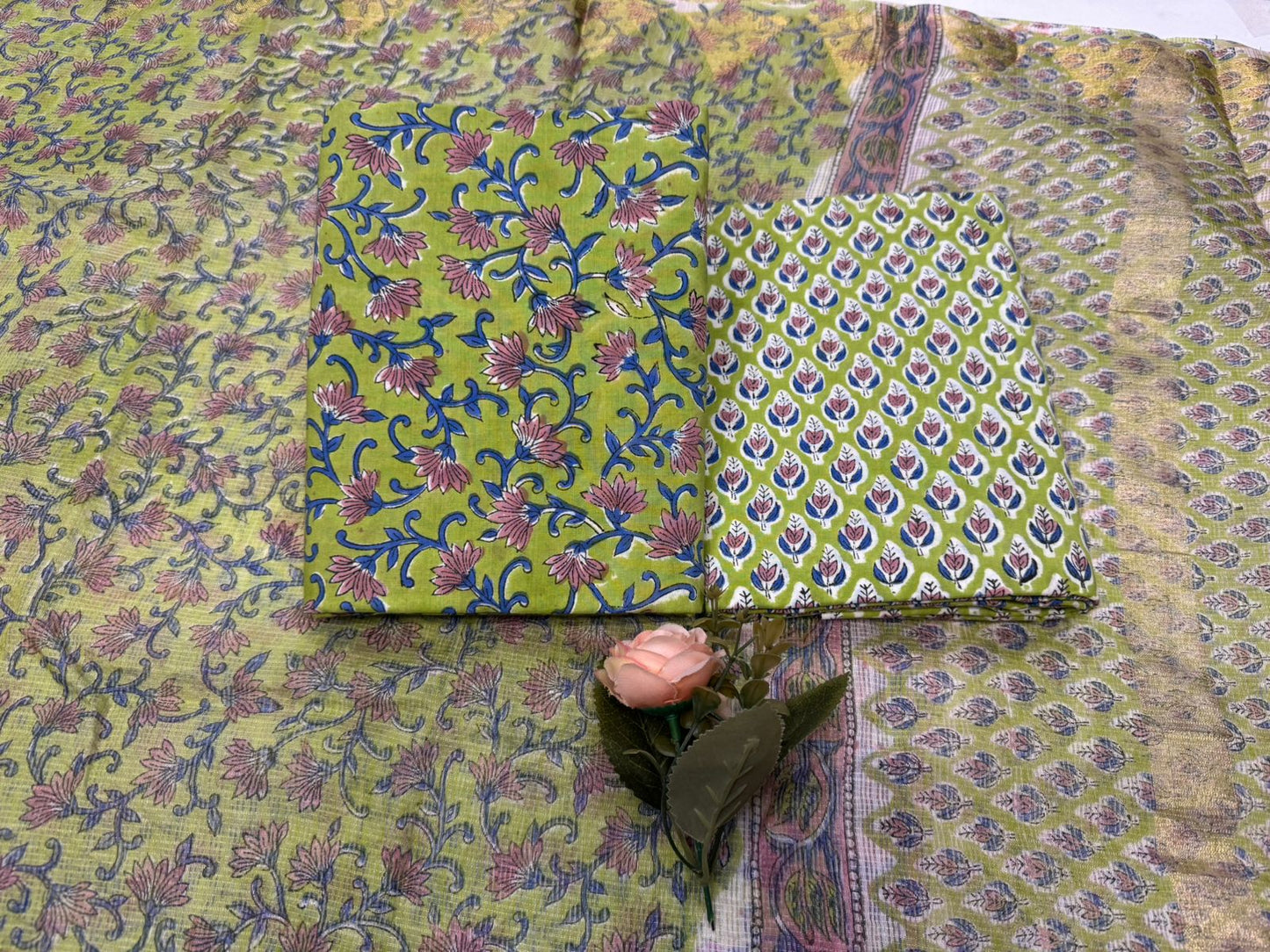 Hand Block Bagru and Sanganeri Printed Cotton 3PC Unstiched Suit With Kota Doriya Dupatta
