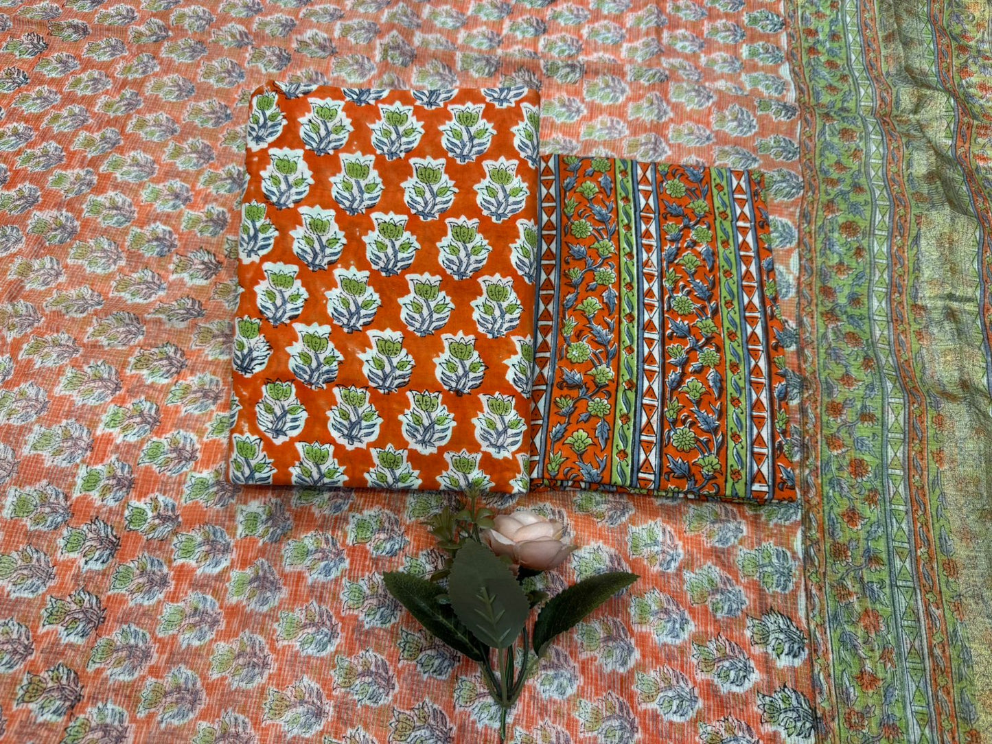 Hand Block Bagru and Sanganeri Printed Cotton 3PC Unstiched Suit With Kota Doriya Dupatta