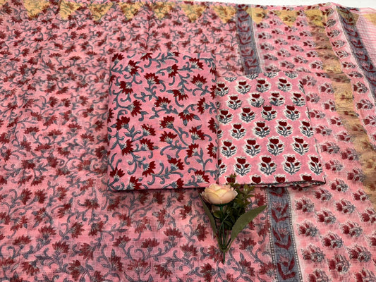 Hand Block Bagru and Sanganeri Printed Cotton 3PC Unstiched Suit With Kota Doriya Dupatta
