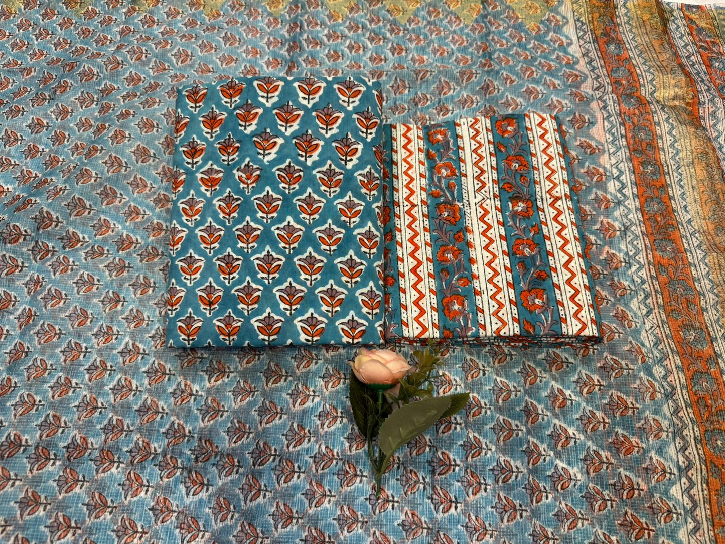 Hand Block Bagru and Sanganeri Printed Cotton 3PC Unstiched Suit With Kota Doriya Dupatta
