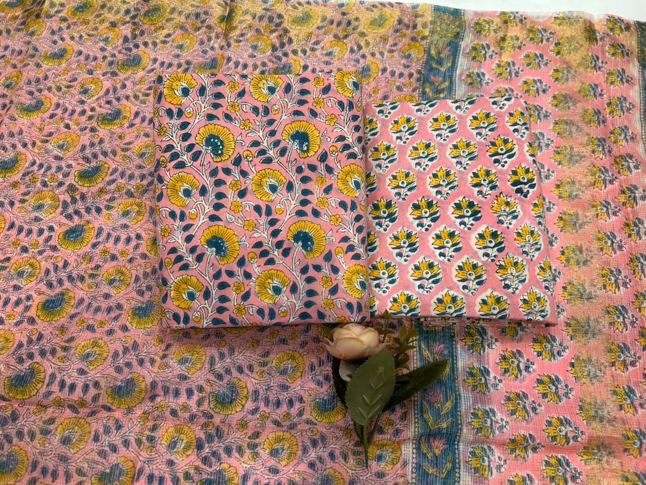 Hand Block Bagru and Sanganeri Printed Cotton 3PC Unstiched Suit With Kota Doriya Dupatta