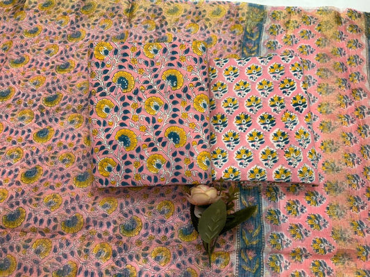 Hand Block Bagru and Sanganeri Printed Cotton 3PC Unstiched Suit With Kota Doriya Dupatta