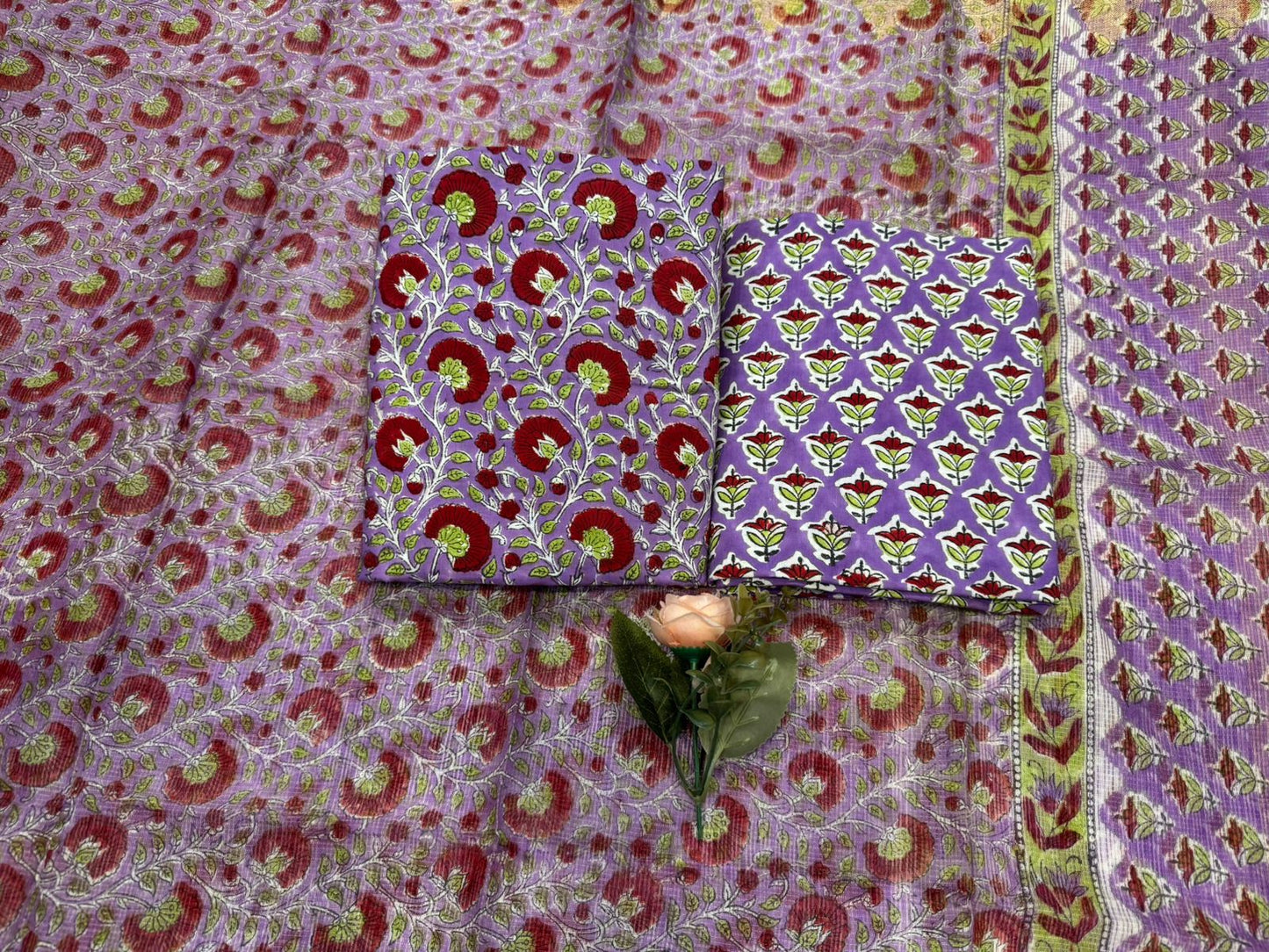 Hand Block Bagru and Sanganeri Printed Cotton 3PC Unstiched Suit With Kota Doriya Dupatta