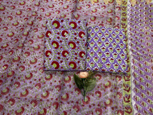 Hand Block Bagru and Sanganeri Printed Cotton 3PC Unstiched Suit With Kota Doriya Dupatta