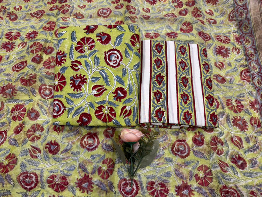 Hand Block Bagru and Sanganeri Printed Cotton 3PC Unstiched Suit With Kota Doriya Dupatta