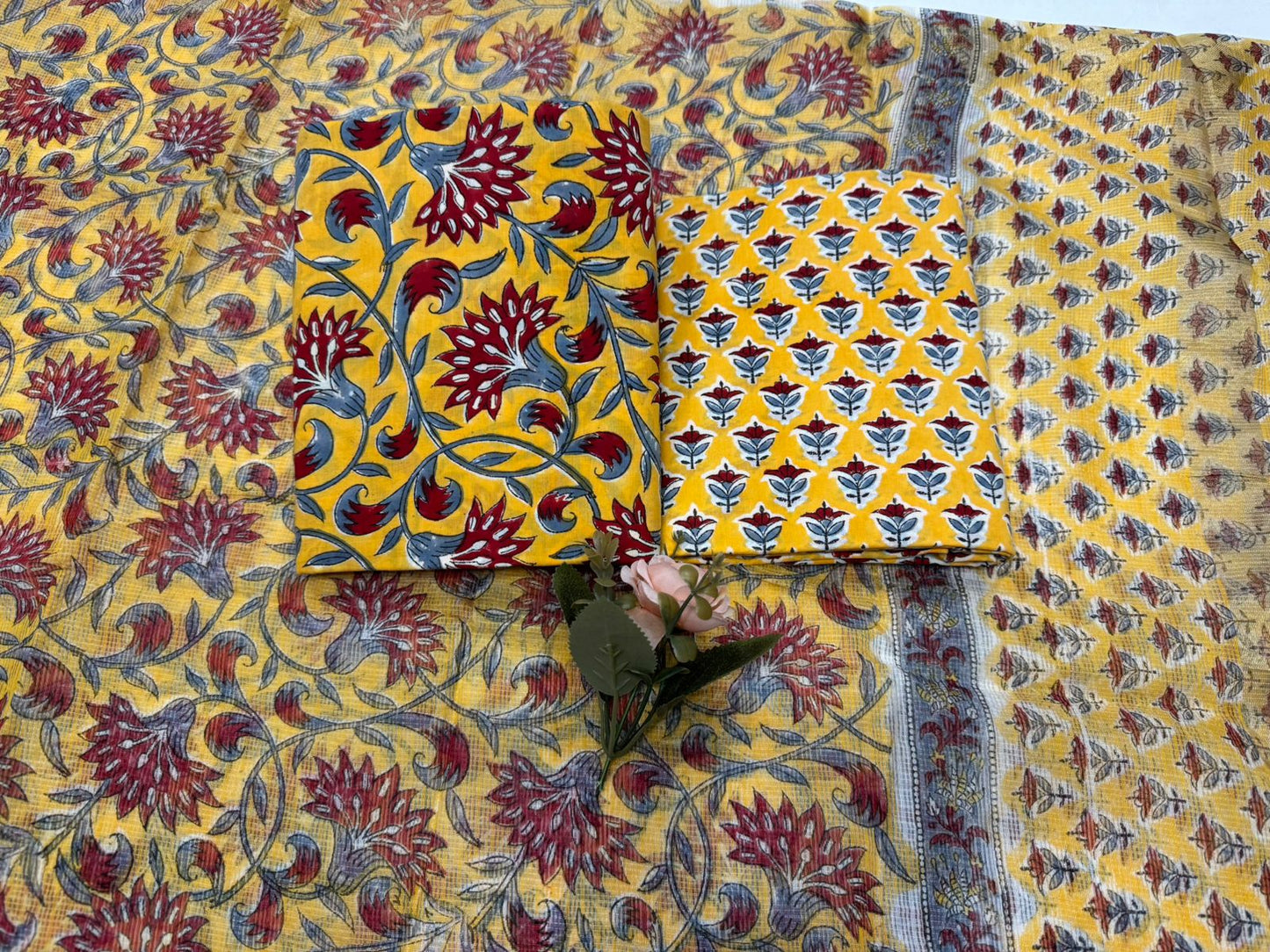 Hand Block Bagru and Sanganeri Printed Cotton 3PC Unstiched Suit With Kota Doriya Dupatta