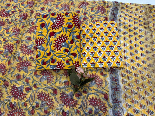 Hand Block Bagru and Sanganeri Printed Cotton 3PC Unstiched Suit With Kota Doriya Dupatta