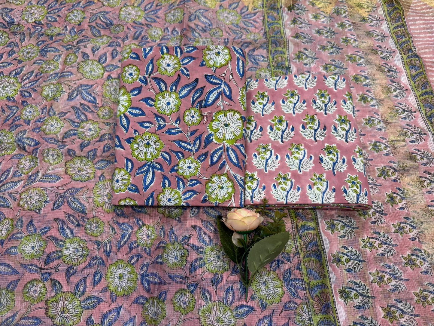 Hand Block Bagru and Sanganeri Printed Cotton 3PC Unstiched Suit With Kota Doriya Dupatta