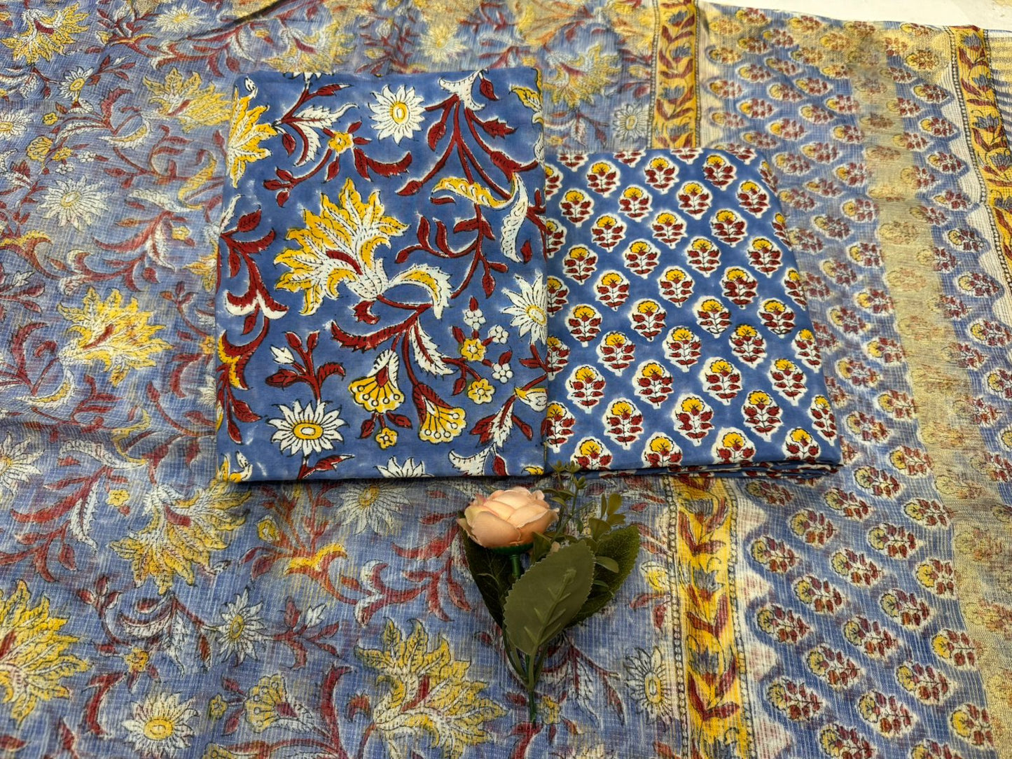 Hand Block Bagru and Sanganeri Printed Cotton 3PC Unstiched Suit With Kota Doriya Dupatta
