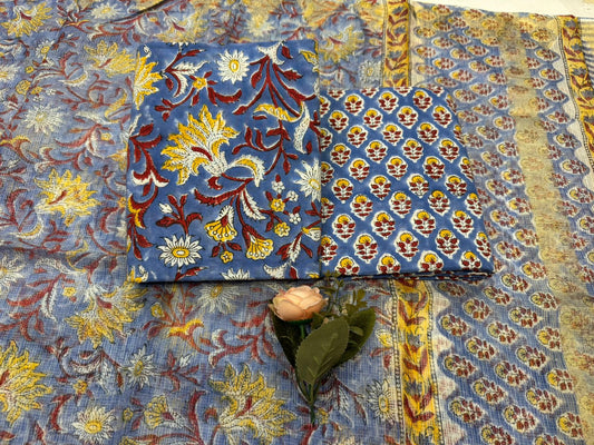 Hand Block Bagru and Sanganeri Printed Cotton 3PC Unstiched Suit With Kota Doriya Dupatta