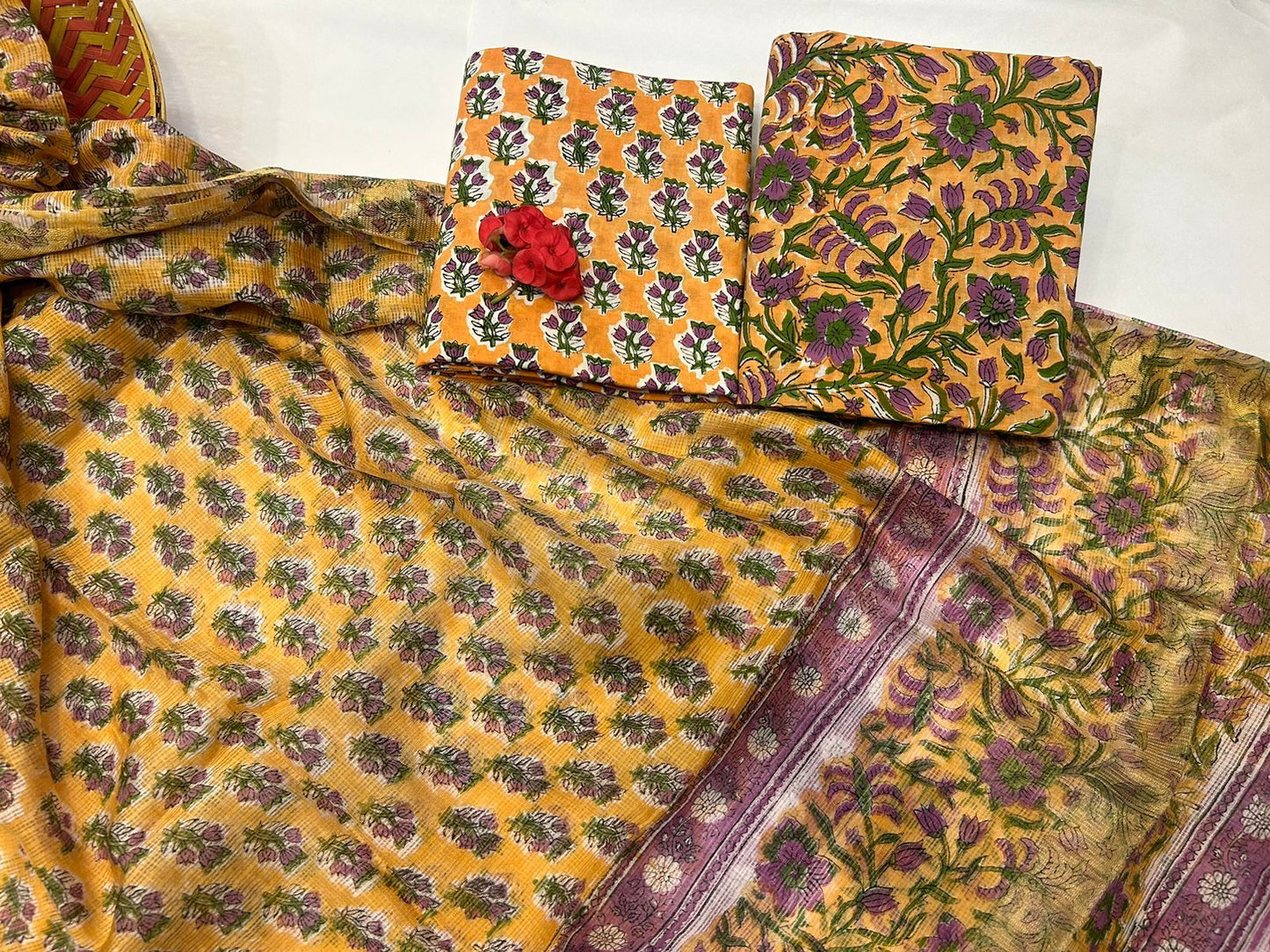 Hand Block Bagru and Sanganeri Printed Cotton 3PC Unstiched Suit With Kota Doriya Dupatta