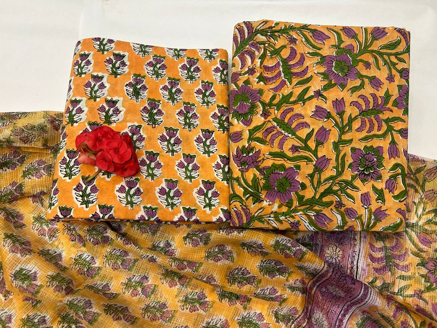 Hand Block Bagru and Sanganeri Printed Cotton 3PC Unstiched Suit With Kota Doriya Dupatta