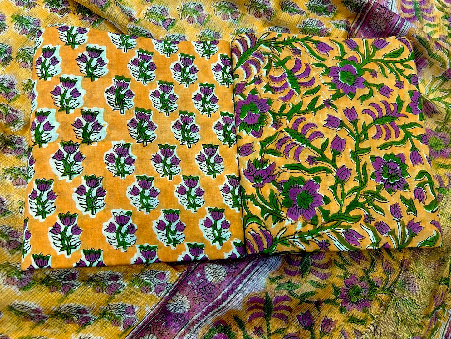 Hand Block Bagru and Sanganeri Printed Cotton 3PC Unstiched Suit With Kota Doriya Dupatta