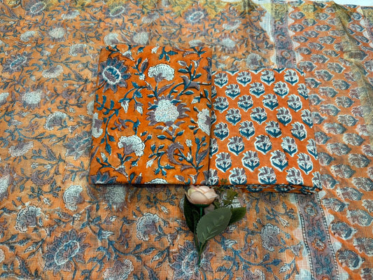 Hand Block Bagru and Sanganeri Printed Cotton 3PC Unstiched Suit With Kota Doriya Dupatta