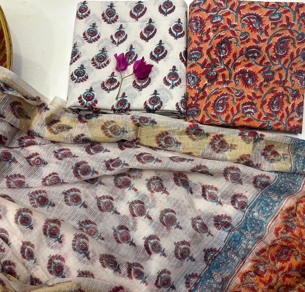 Hand Block Bagru and Sanganeri Printed Cotton 3PC Unstiched Suit With Kota Doriya Dupatta
