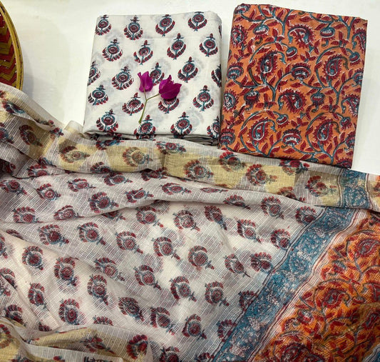 Hand Block Bagru and Sanganeri Printed Cotton 3PC Unstiched Suit With Kota Doriya Dupatta