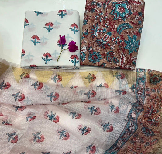 Hand Block Bagru and Sanganeri Printed Cotton 3PC Unstiched Suit With Kota Doriya Dupatta