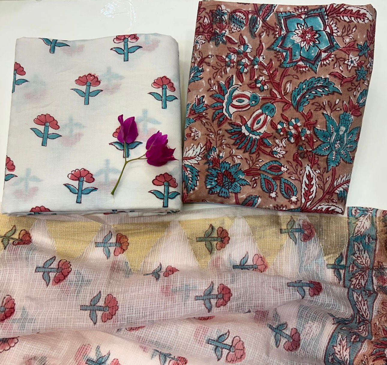 Hand Block Bagru and Sanganeri Printed Cotton 3PC Unstiched Suit With Kota Doriya Dupatta