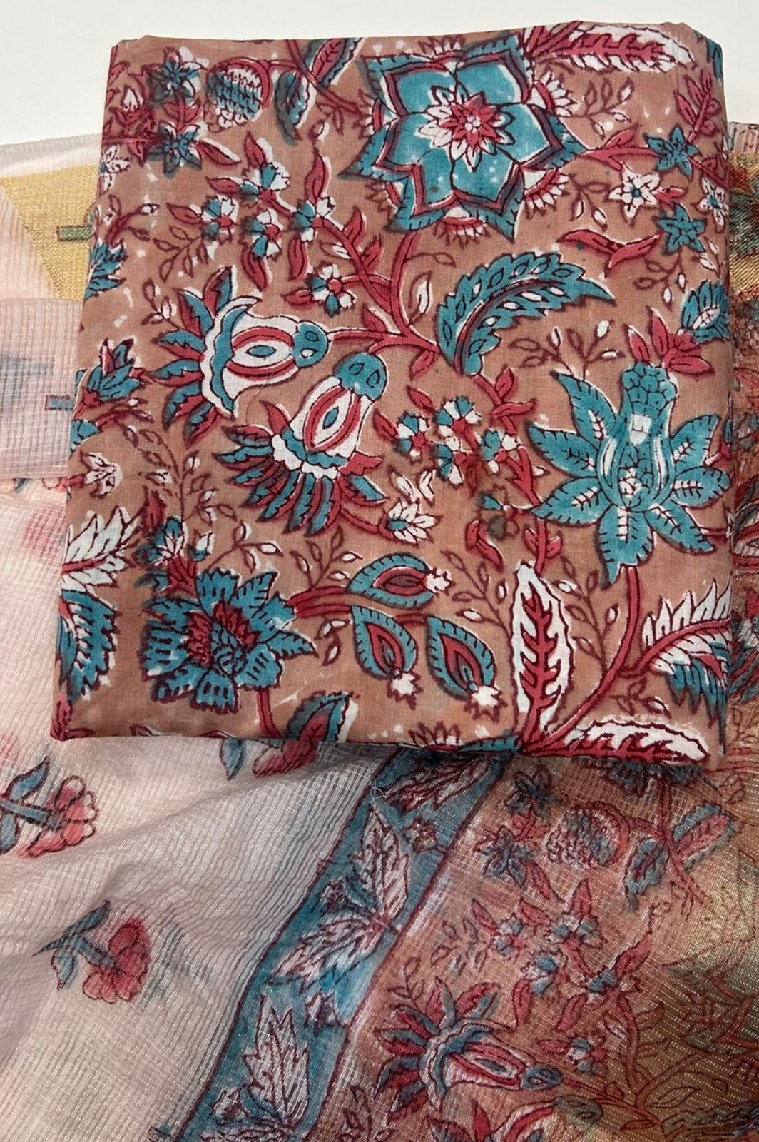 Hand Block Bagru and Sanganeri Printed Cotton 3PC Unstiched Suit With Kota Doriya Dupatta