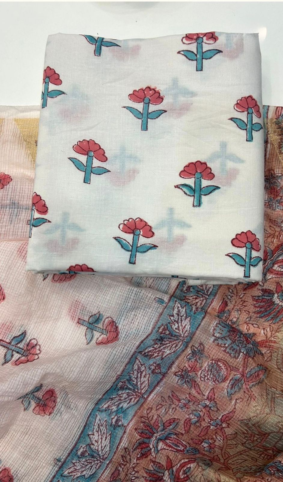 Hand Block Bagru and Sanganeri Printed Cotton 3PC Unstiched Suit With Kota Doriya Dupatta